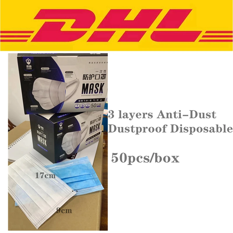 

DHL Shipping 50pcs 3 layers Anti-Dust Dustproof Disposable Earloop Face Mouth Masks Facial Protective Cover Masks white & Blue