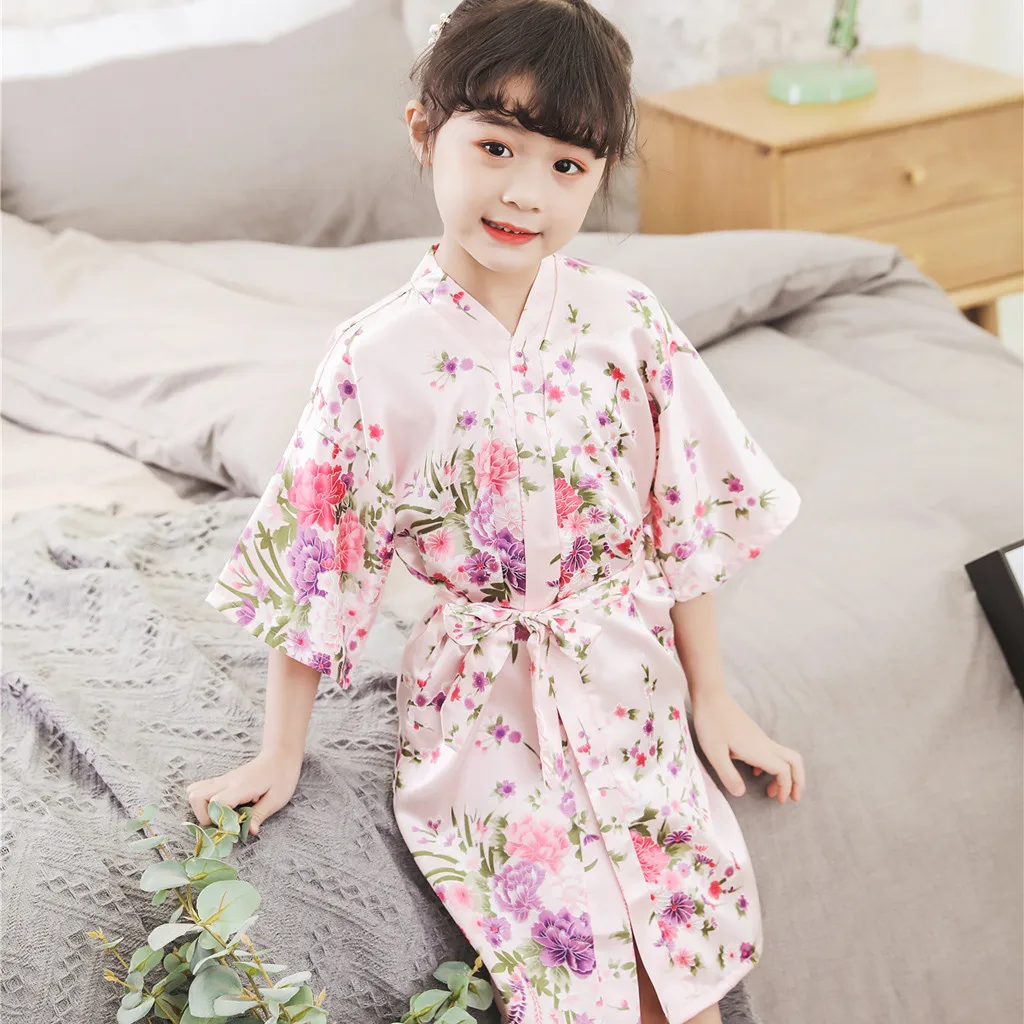 Floral Stain Bath Robe Kids Toddler Baby Kid Girls Floral Silk Kimono Robes Bathrobe Long Sleepwear Girls Clothes Халат Махровый