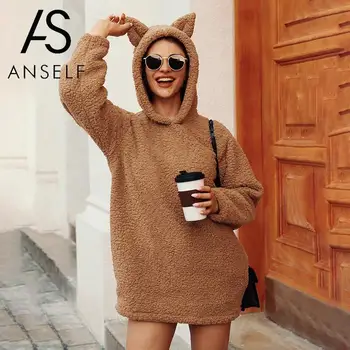 

Fashion Women Winter Hoodies Fluffy Solid Color Long Hoodie Casual Hooded Long Sleeve Ear Warm Sweatshirt Woman Pullover Coat