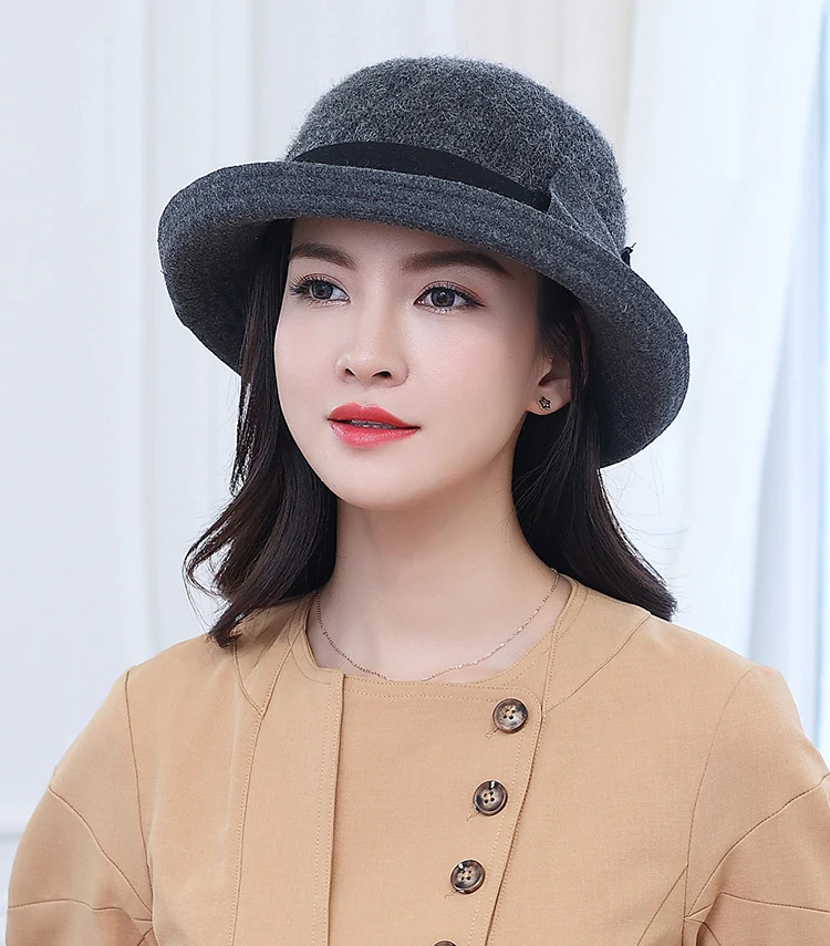 FS Fashion Gray Purple Women Wool Felt Bucket Hats Vintage Ladies Cloche Derby Bowler Cap with Bowknot Elegant Autumn Winter