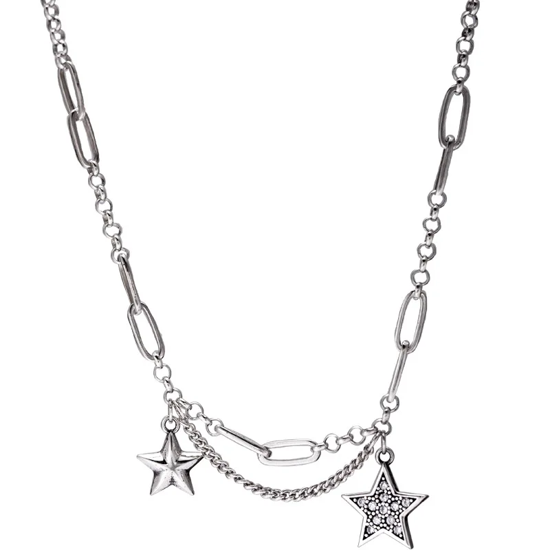 antique silver Ожерелье с двумя пентаграммами, 925 пробы, Серебряное ювелирное изделие, многослойная цепочка, циркониевая пентаграмма, антикварная комбинированная цепочка, Женское Ожерелье - Окраска металла: antique silver