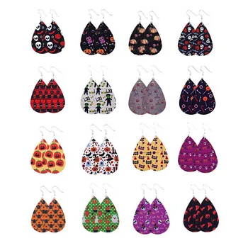 

50 pairs E7558 ZWPON Halloween Print Vegan Leather Teardrop Earrings for Women Cheaper Earrings Wholesale