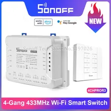 Sonoff-interruptor inteligente 4CH PRO R3 4 Gang 433Mhz RF, interruptor de enclavamiento, autobloqueo, modos de Inching, Control remoto a través de la aplicación eWeLink, Alexa, IFTTT
