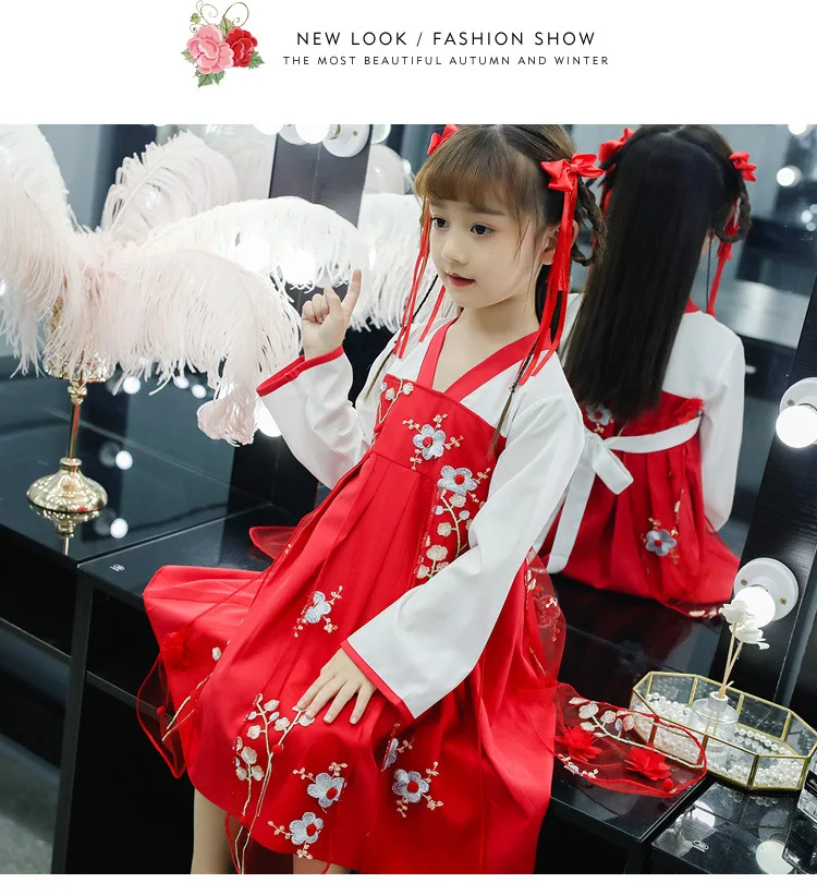 Hanfu/Детский костюм в стиле Тан; коллекция года; милое осеннее платье принцессы для девочек; китайский костюм; детское платье феи для подростков