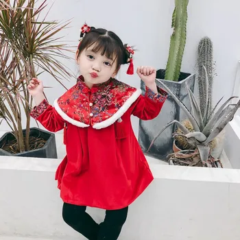 

New Year Party Dress Baby Girl Autumn Winter Warm Cute Wool Plus Velvet Print Stand Collar Princess Long-Sleeved Sweet Dress