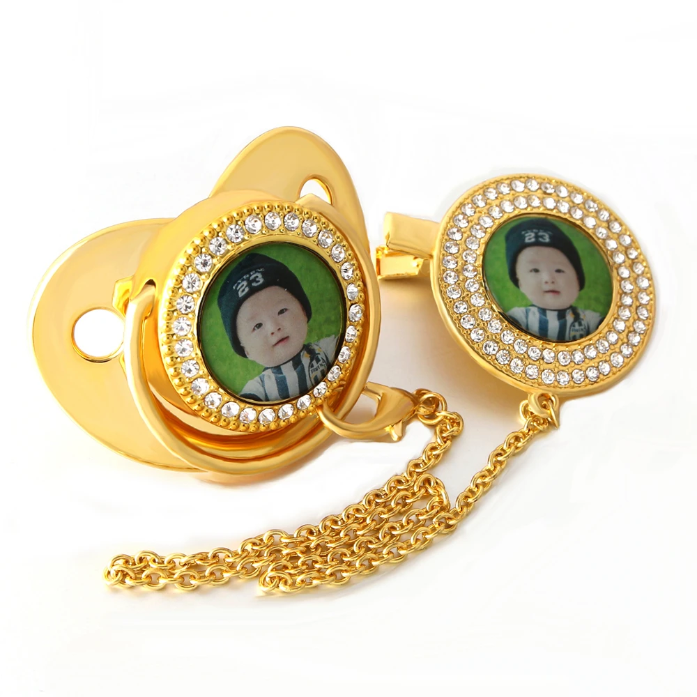 

Personalized Any Photo Luxury Baby Pacifier Gold Bling Pacifier Dummy Nipples Silicone Pacifier Orthodontic Soother