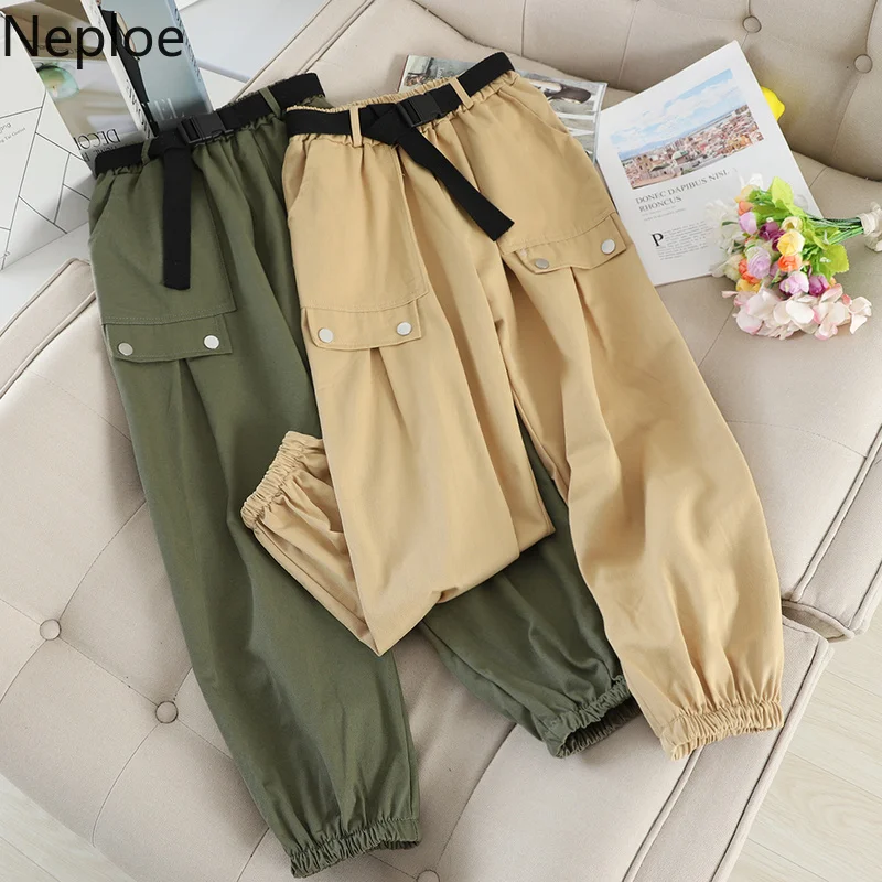 Neploe, женские штаны Карго, весна, повседневные, с карманами, с поясом, тянущаяся Талия, широкие брюки, свободные, высокая талия, луч ноги, брюки, 80453
