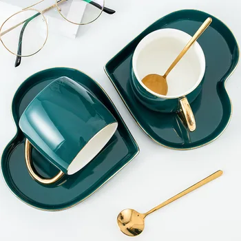 

luxury green ceramics lovers drinking glasses with Spoon tray Home Office Afternoon Tea Coffee Milk Cup set Drinkware