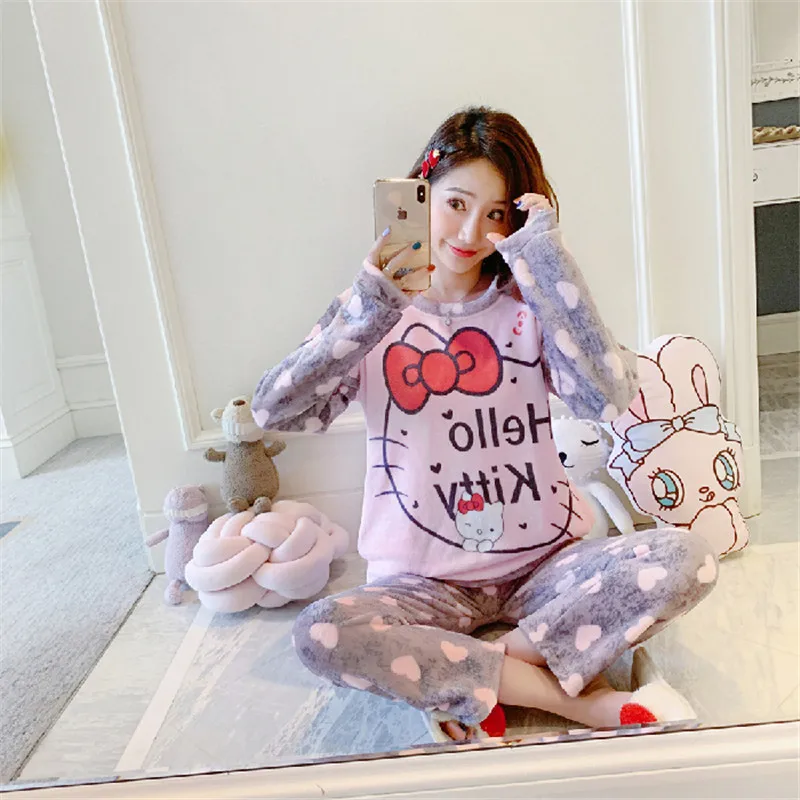

Women Cute Pink Hello Kitty Cat Coral Velvet Pajama Set Winter 2 Pcs Thick Soft Sleepwear Warmness Fashion Pijama Home Suit