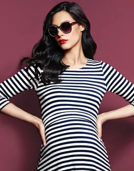 

New Women O-Neck Pregnant Nursing Maternity 3/4 Sleeve Stripe Summer Dress Cotton Clothes for Pregnant Women in Maternity