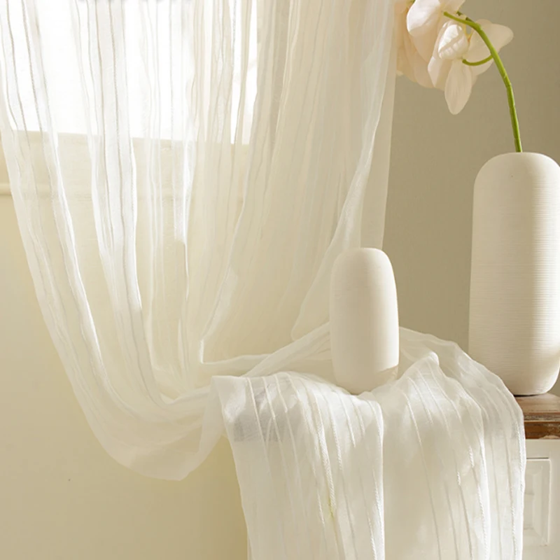 

Modern Striped Sheer Curtain for Living Room Soild White Cotton Linen Tulle Curtains for Bedroom Stripe Voile Curtains Drapes