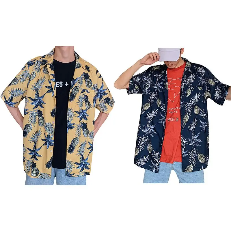 Men Fashion Summer Shirts Leaves Flower Pineapple Print Loose Short Sleeve Shirt Male Hawaiian Style Beach Shirt x