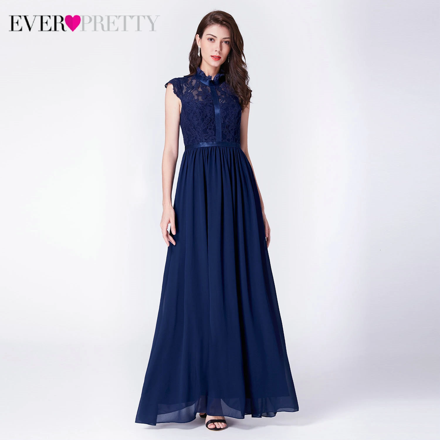

Elegant Navy Blue Evening Dresses Long Ever Pretty EP07379NB A-Line O-Neck Sleeveless Lace Evening Party Gowns Abendkleider 2019