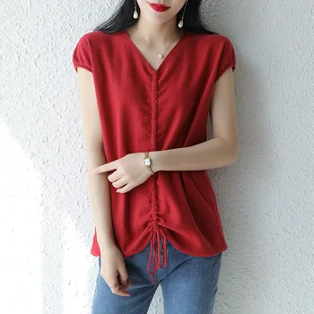 

Women's V-neck lace casual short sleeve solid color knitted T-shirt