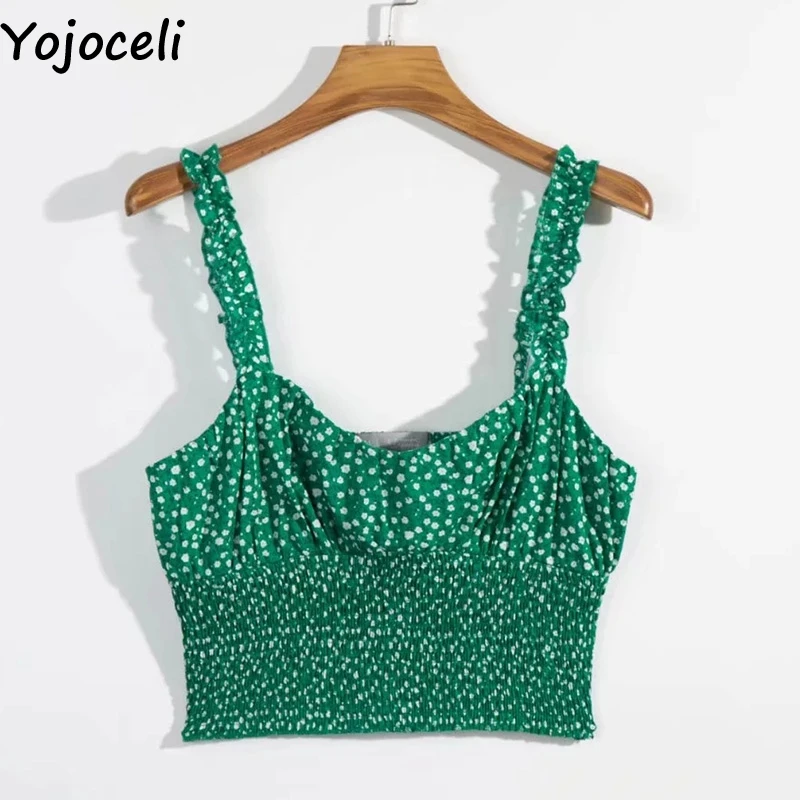 Yojoceli, сексуальные короткие топики с рюшами и цветочным принтом, короткий топ, Летний Пляжный Повседневный крутой топ на бретелях для женщин, милые женские топики на бретелях - Цвет: Зеленый