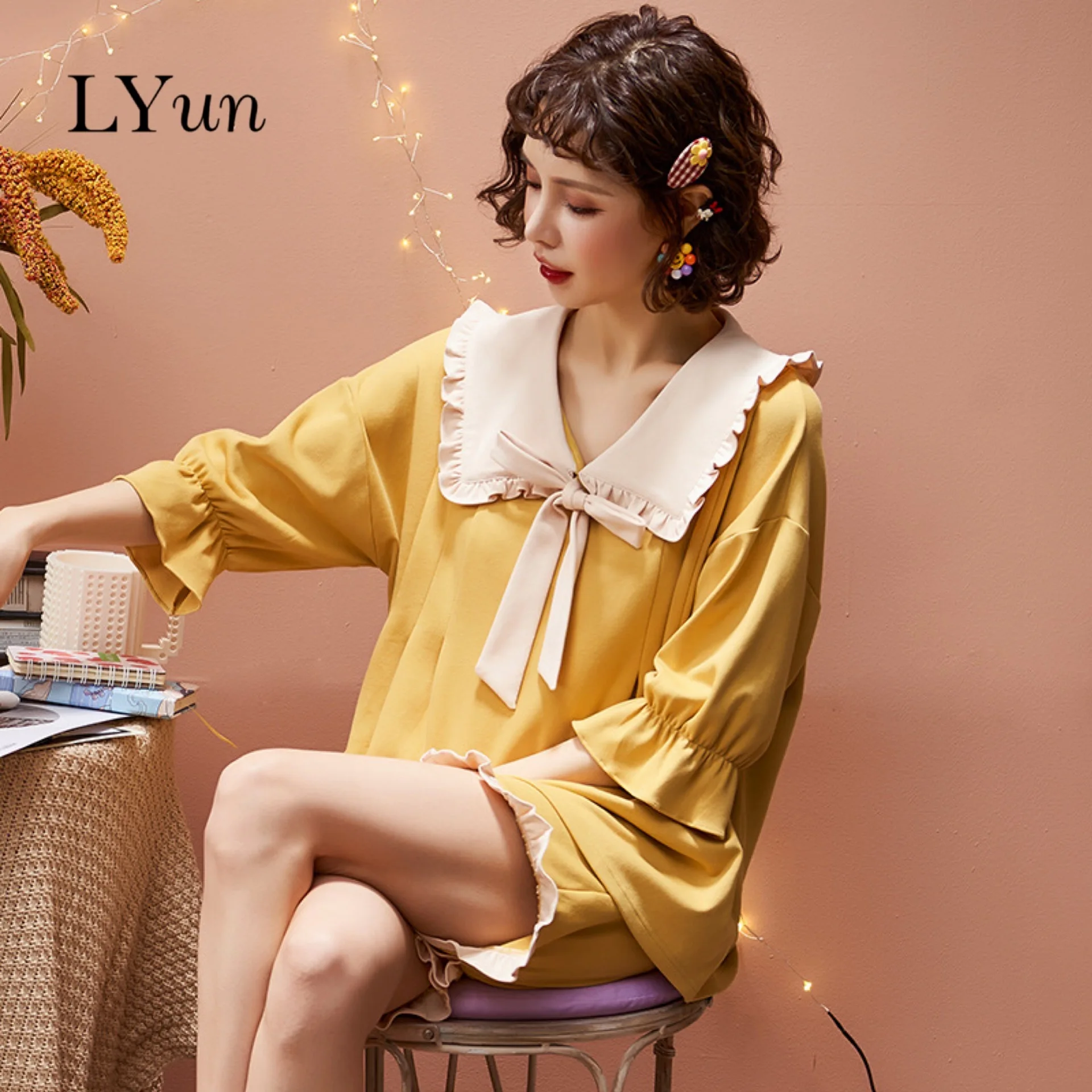 

LYun pajamas female summer cotton short-sleeved cute Korean girl casual cotton spring and autumn models home service suit