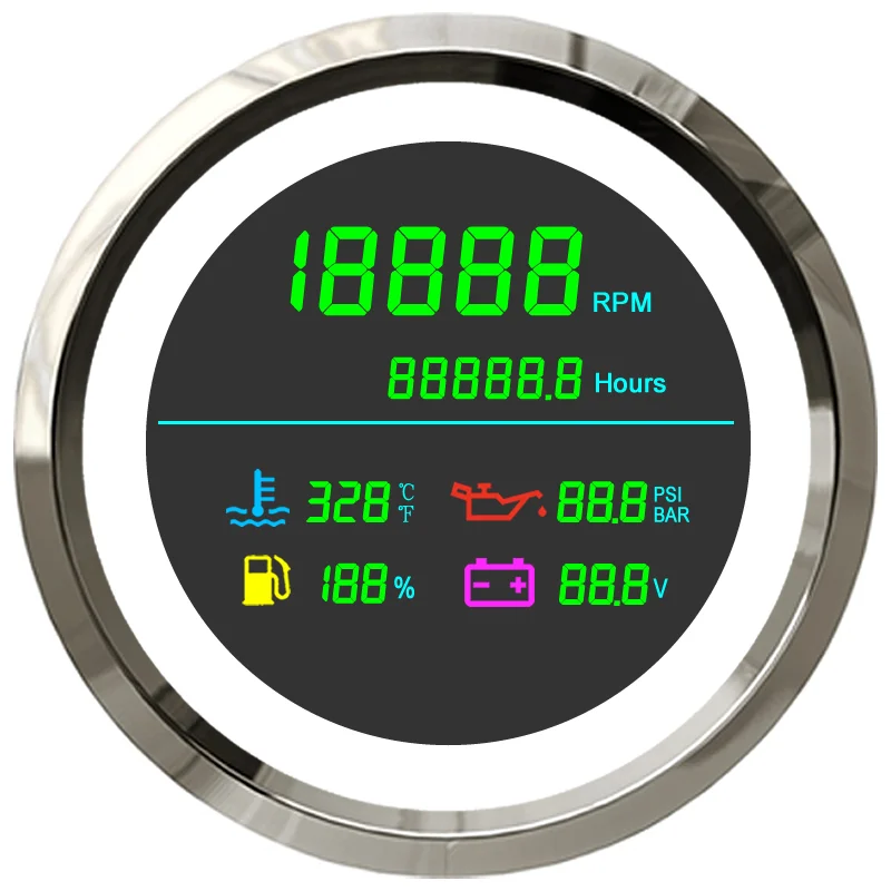 10-in-1 Multi-Functional 85mm Color Display Digital Tachometer Voltmeter Oil Pressure Fuel Temp Gauge for Boats Yacht Akozon Digital GPS Speedometer 