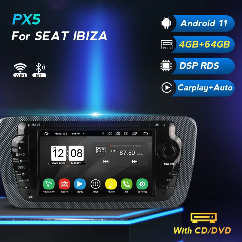 Стерео Автомагнитола для Seat Ibiza 2009-2012 2013 Android 11 DVD DSP Carplay Multimedai плеер видео GPS