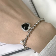Черный с натуральным камнем, браслет в виде сердца, 925 пробы серебро 3/4 мм бусы с милым сердечком изысканно Для женщин браслет свадебные украшения