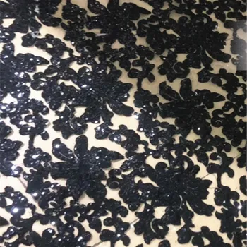 

Black Dark Blue Pink Colour Flower Embroidered Sequin Lace Fabric 1Yard Network Gauze Cloth Material