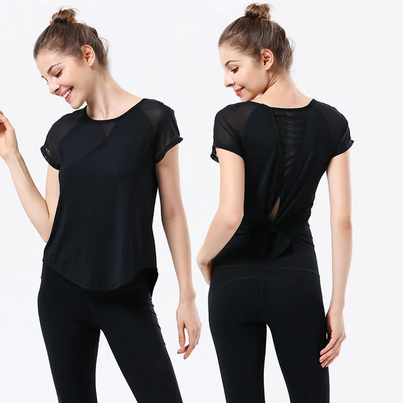 

Model Yoga Top Women Short Sleeve Cross Wrap Backless T-shirt Summer Thin Loose Sport Tee Gym Fitness Clothing