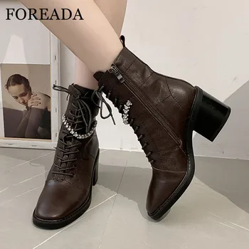 

FOREADA Real Leather High Heel Ankle Boots Zip Thick Heel Woman Boots Crystal Square Toe Short Boots Lace Up Female Shoes 33-40