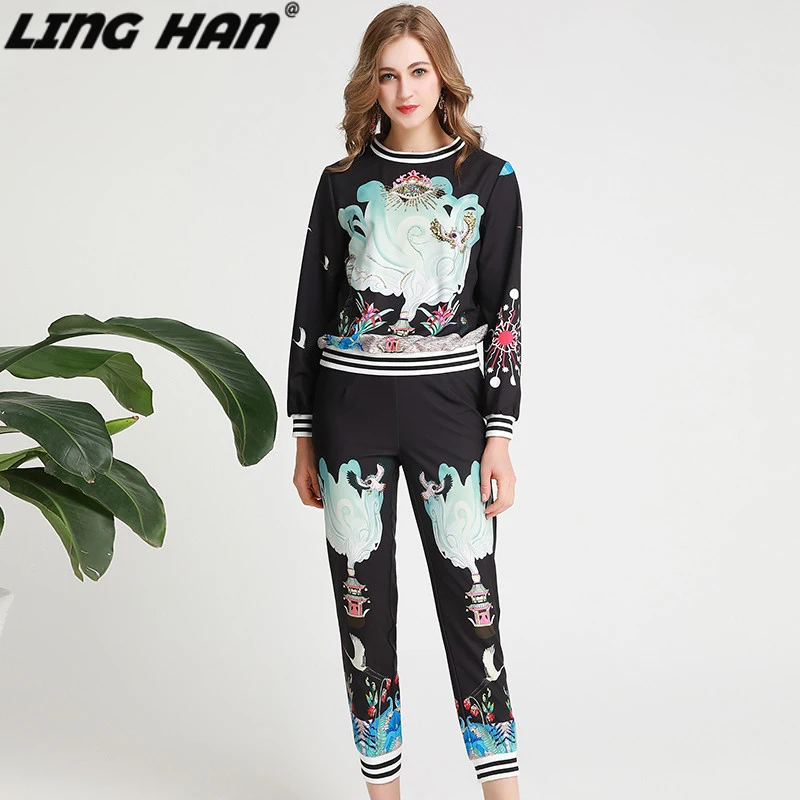 LING HAN/Элегантный комплект с блестками и бисером; модный топ с принтом+ брюки до щиколотки; комплект из двух предметов; Новинка осени