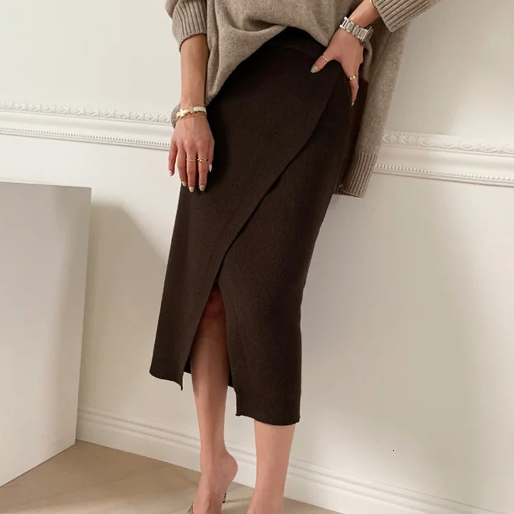 Kopen Vrouw Herfst Effen Kleur Verdikking Breien Rok Hoge Taille Split Midi Warm Rokken Beige Koffie Gebreide Rok