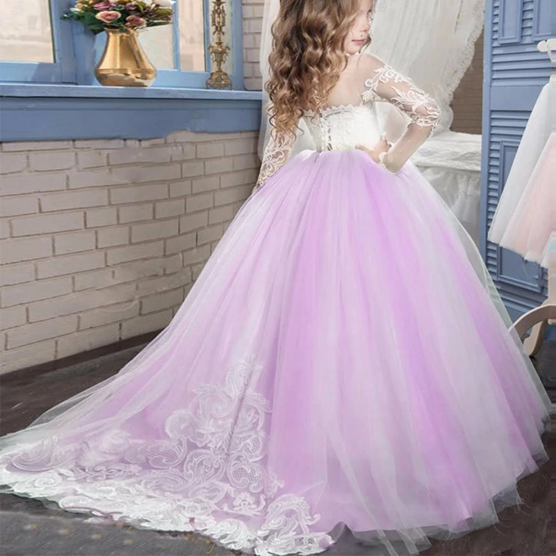 Платье принцессы для первого причастия для девочек бальное платье с высокой талией, пышное длинное платье из тюля детское платье подружки невесты с цветочным узором для девочек на свадьбу