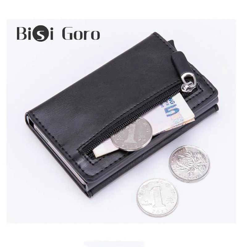BISI GORO Противоугонный Rfid кредитный держатель для карт мужской кожаный металлический кошелек мужской кошелек для монет женский мини карбоновый чехол для ID карты на молнии