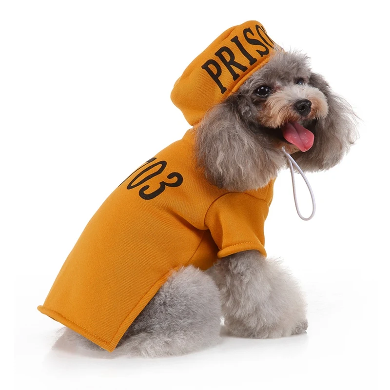 

Pet Halloween Cosplay Costume Funny Prisoner's Garb With Numbers Set 2-legged Coat And Hat For Dogs, Yellow