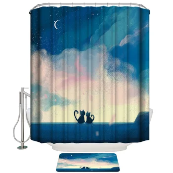 

Valentine Moonlight Cats Love Couple Shower Curtain Set and Anti-slip Floor Mat Outdoor Rugs