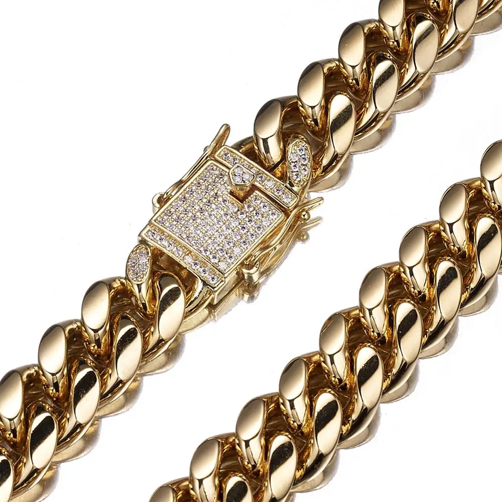 12mm Wide Stainless Steel Cuban Miami Chain Gold Necklaces Cz Zircon