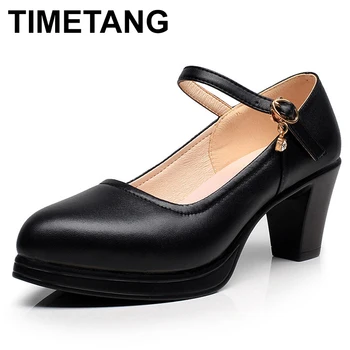 

TIMETANGPlus Size35-43 Block Women's Shoes Genuine Leather 2019Spring Medium Heel Pumps Women Platform Shoes Black FootwearE1203