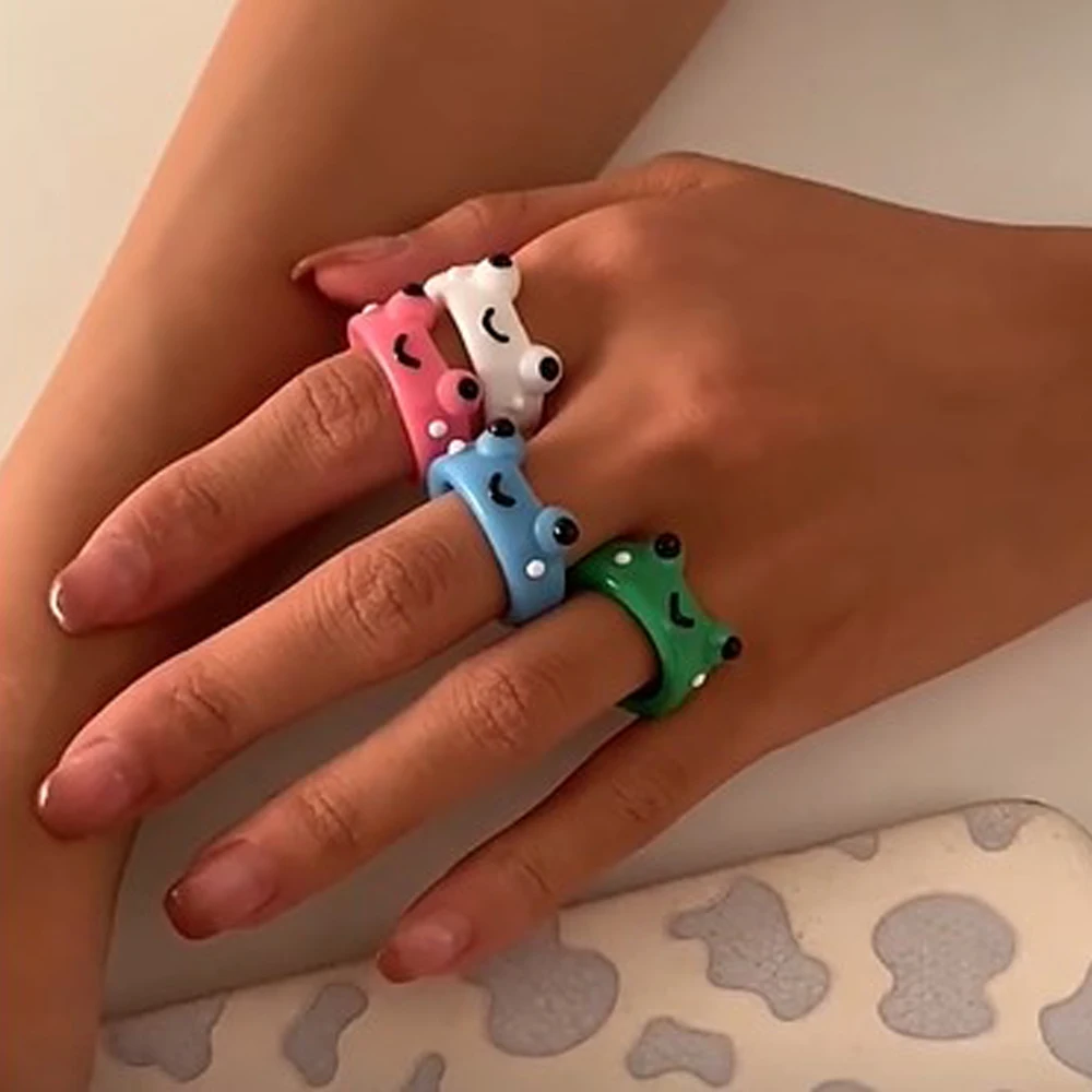 Frog Ring Polymer Clay Resin Rings for Girls Animal Jewelry Women Chick Wave Dot Flower Fashion Travel Gifts | Украшения и
