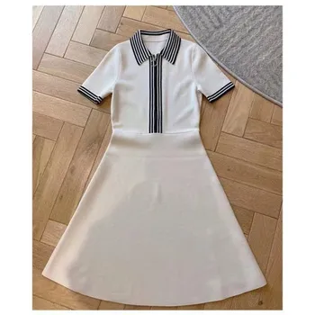 

2020 New Women's Knitted Knee-length Dress Ladies Turn Down Collar Zipper White Stripes A-line Short Dresses Female