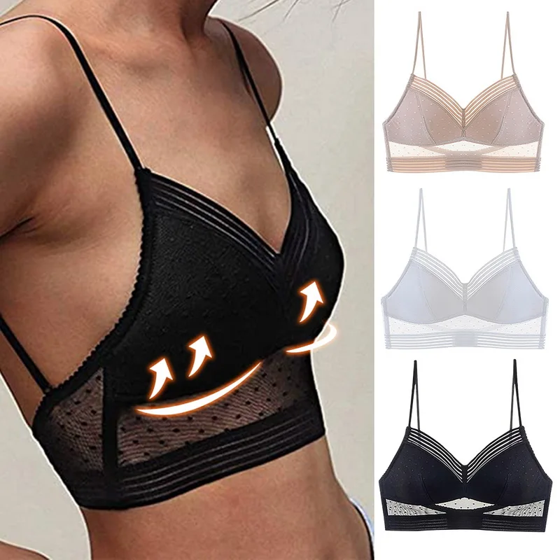 

2020 Sexy Polka Dots Mesh U Big Backless Big Bra Embrodiery Triangle Bra Removable Straps Wireless Thin Underwear Women Lingerie