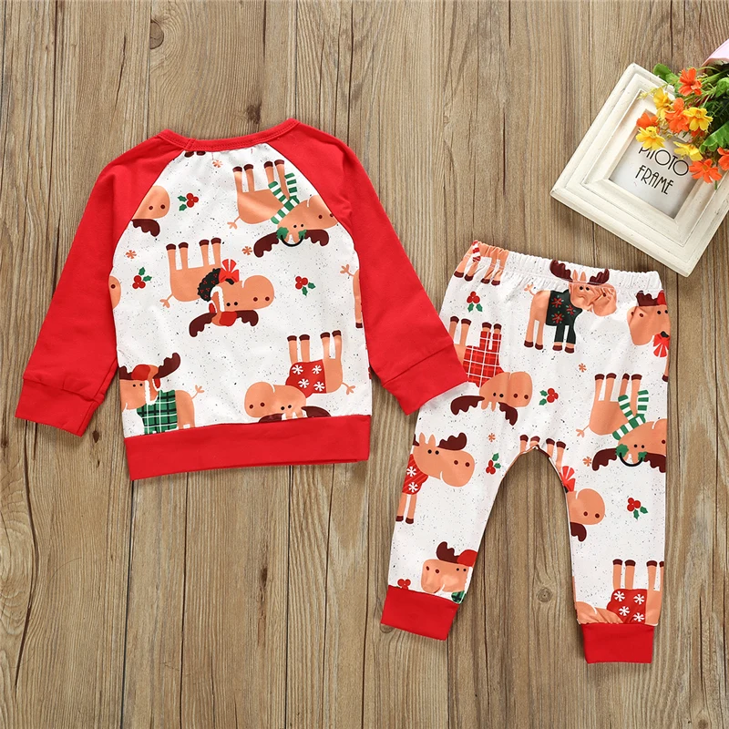 Комплект одежды для маленьких мальчиков и девочек с милым рождественским оленем, Топы+ штаны, Рождественская одежда, рождественские пижамы, одежда для сна