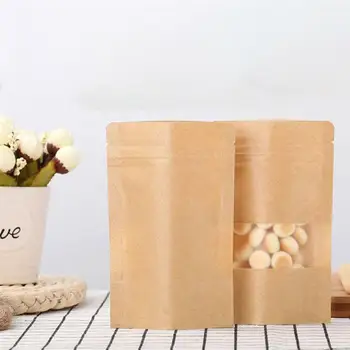 

50 Pcs Kraft Paper Zip Lock Self Standing Bag Moisture-proof Tea Sealed Bag Scrub Feeling Window Dried Fruit Pouch