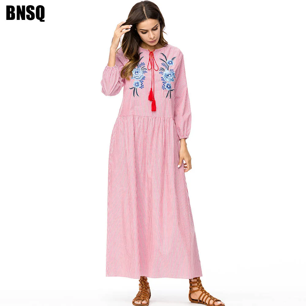 BNSQ Long Sleeve Knit Striped Dress With Simple Comfortable Stitching Woman Dubai Arabic Turkish Muslim Elegant Abaya Islamic |