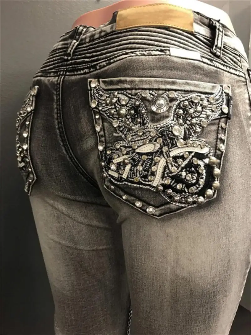 Women's Retro Pattern Flying Motorcycle Beaded Craft Jeans, High Waist Stretch Clothing, Female Personality, New, 2023