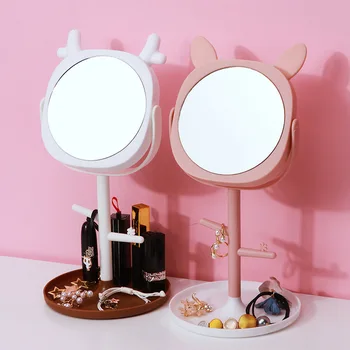 

Desktop Cosmetic Mirror Adjustable Table Makeup Decorative Mirror Cat Ear Jewelry Box Cosmetic Storage Tray Table Decoration