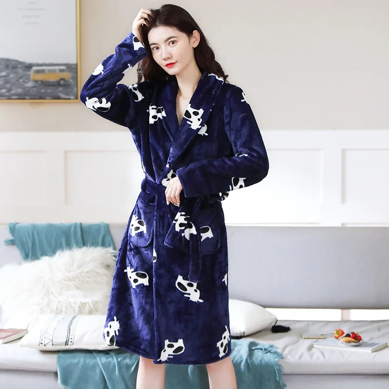 Navy blue cow Y713 Зимняя Пижама, парная Пижама банный халат для мужчин и женщин, фланелевый коралловый халат из флиса, пижама hombre, ночная сорочка, халат для невесты - Цвет: Navy blue cow Y713
