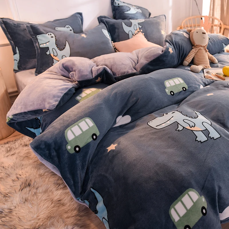 

Thick Coral Velvet Family of Four Flannel Fleece Quilt Cover Winter Crystal Law Levin Velvet Bed Sheet Beddings Three-Piece Set
