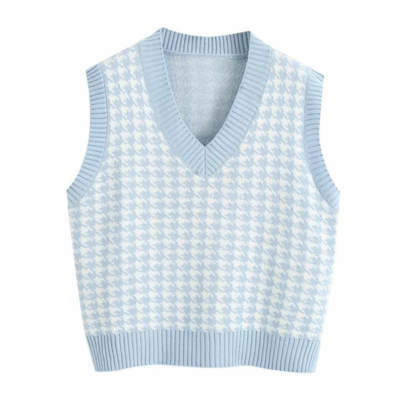 

Houndstooth Waistcoat Women 2020 Fashion Loose Knitted Vest Sweater V Neck Sleeveless Side Vents Female Waistcoat Chic Tops