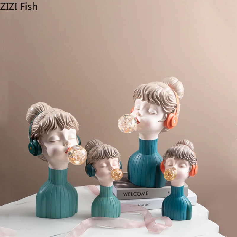 

Resin Figure Statue Girl Blowing Bubbles Headset Abstract Cartoon Girl Modern Home Decoration Children's Room Handicraft