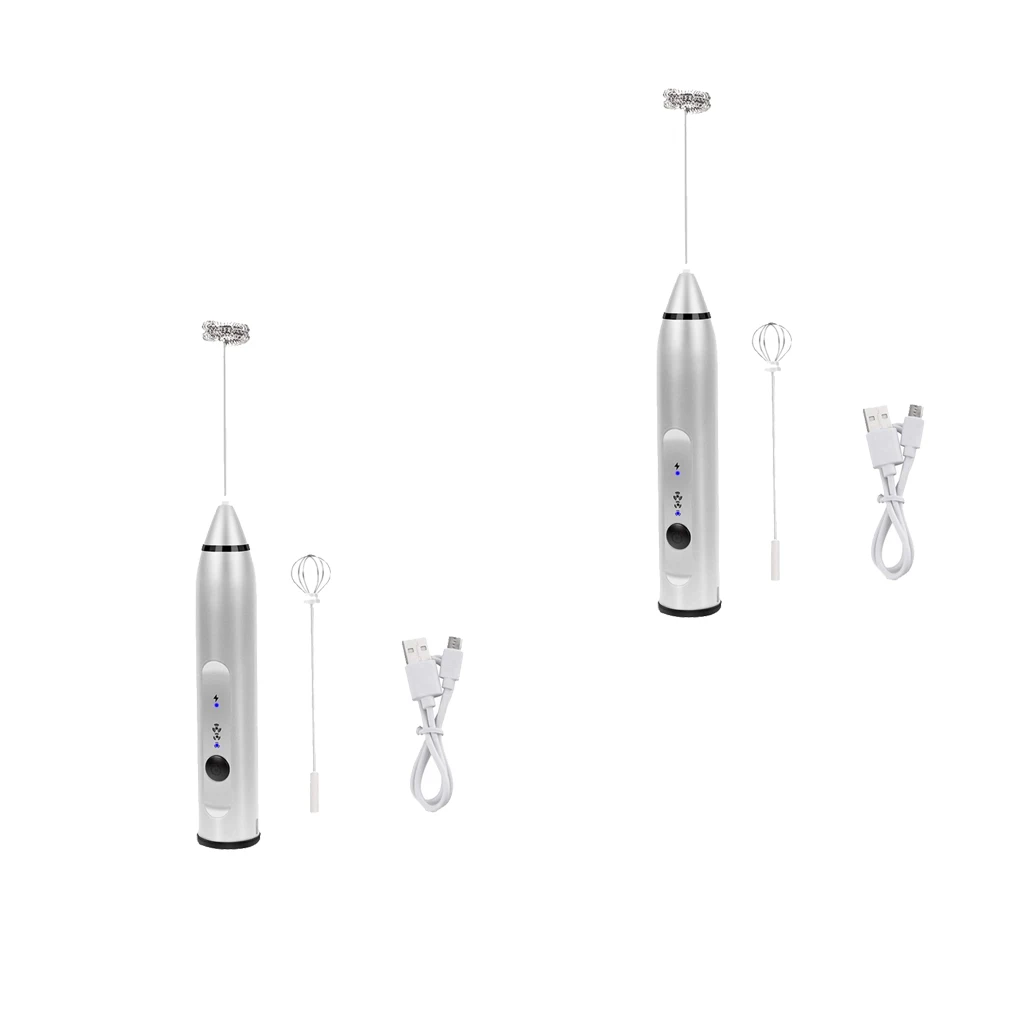 2Pcs Silver Handheld Electric Milk Frother &Eggbeater,Portable Drink Mixer 3 Speeds to Control Handheld Milk Frother