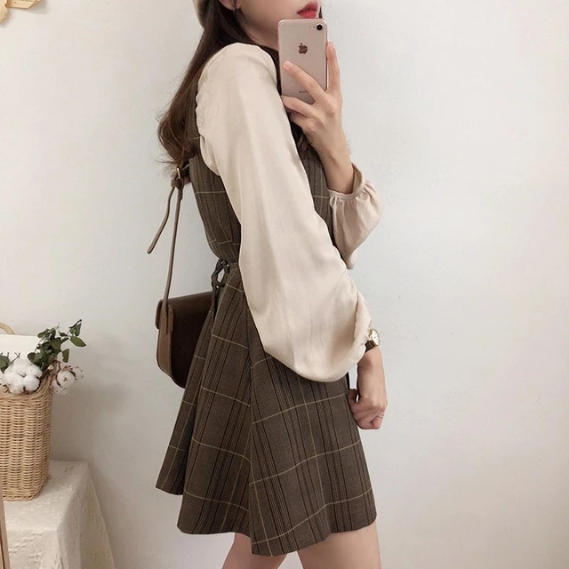 Cute Mini New Year Date Dresses Sleeveless Vest Women Korea Japanese Style Design Retro Vintage Plaid Button Shirt Dress 11021 2