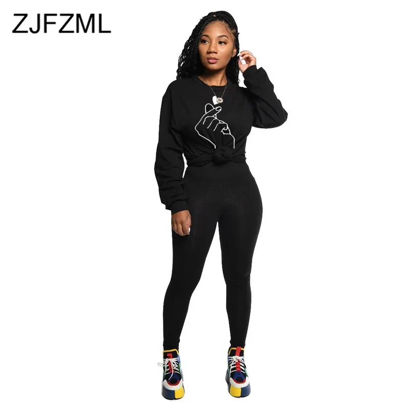

Fingers Lips Print Two Piece Tracksuit Women's Set O Neck Full Sleeve T Shirt + Skinny Leggings Autumn Winter 2 Piece Sweatsuit