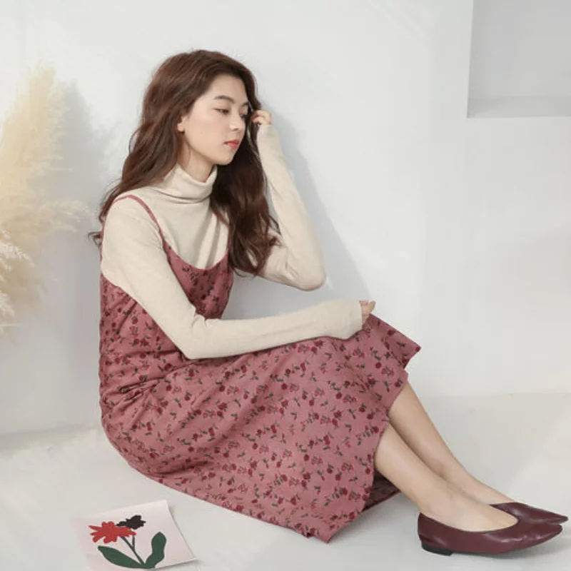 Dress Women Sleeveless Simple Vintage Floral Sexy Casual Cute Summer Corduroy Soft Lovely Fashion Popular Retro Ulzzang Vestido